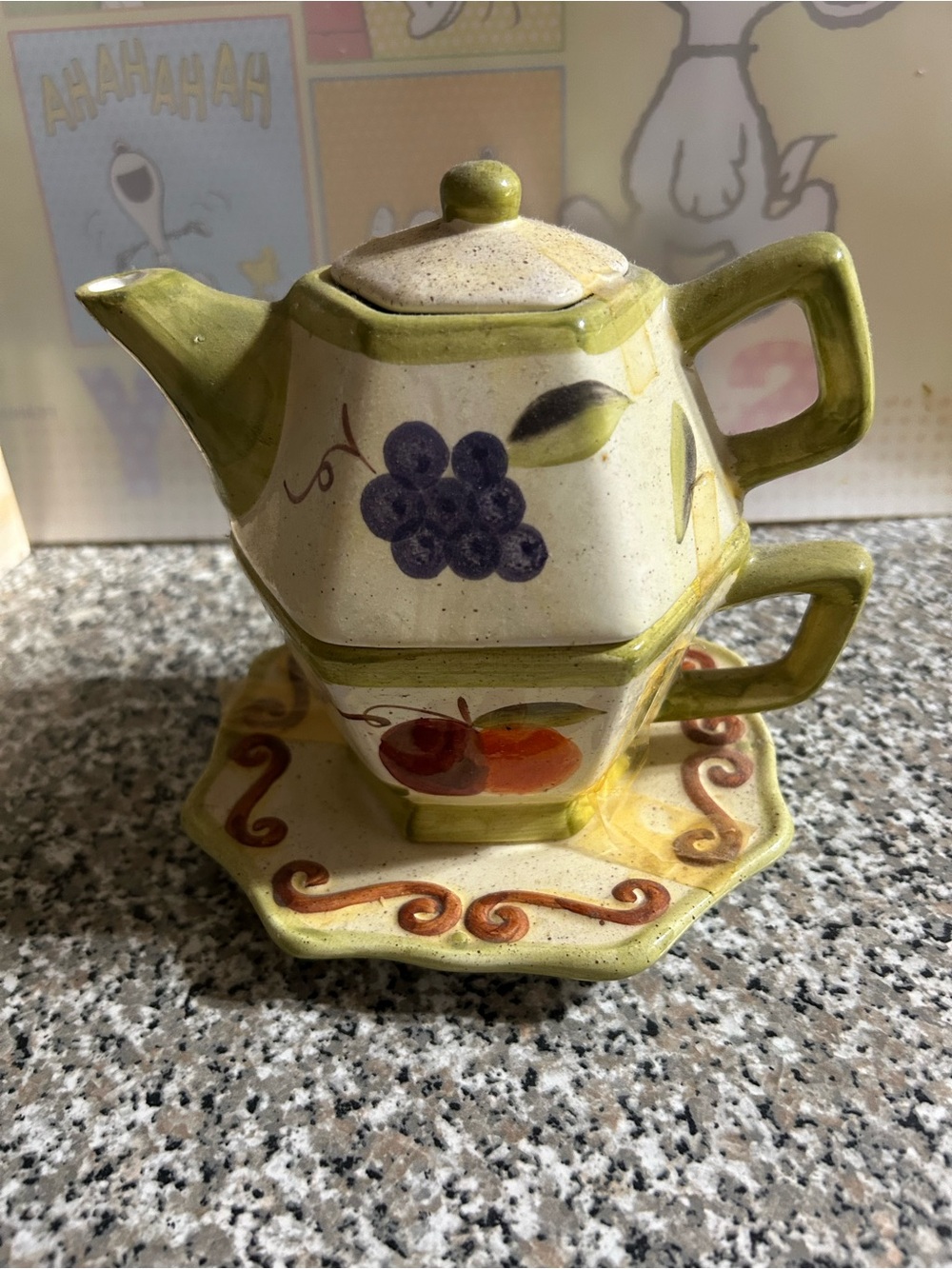 Hand-Painted Ceramic Teapot & Cup Set with Fruit Motif